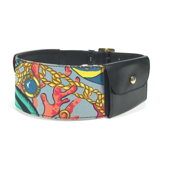 CELINE Wide Belt with Scarf Pattern Waist Bag Leather Silk Women's Black - Picture 1 of 12